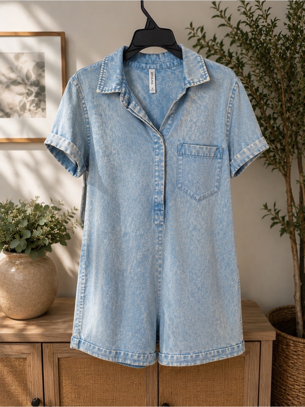 Zenana Blue Denim Romper Short Sleeve Top